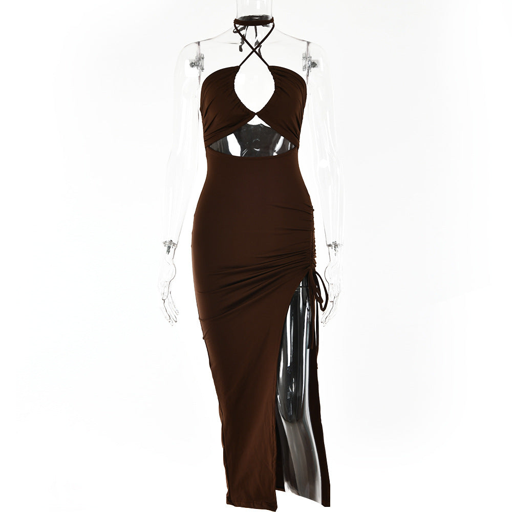 Halter?Neck Ruched Irregular Hem Backless Maxi Dress