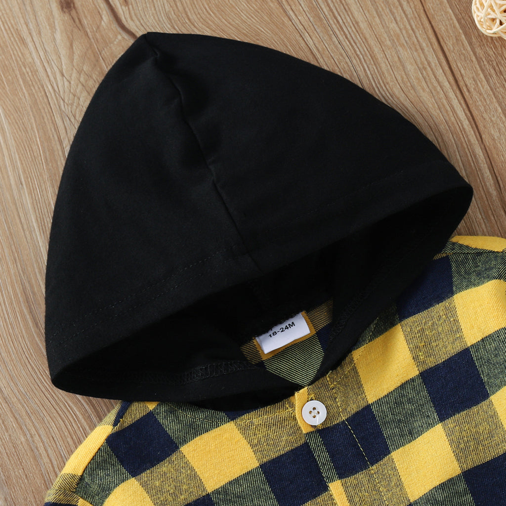 Boys Hooded Plaid Shirt Jacket | Single-Breasted Long Sleeve Kids Outerwear