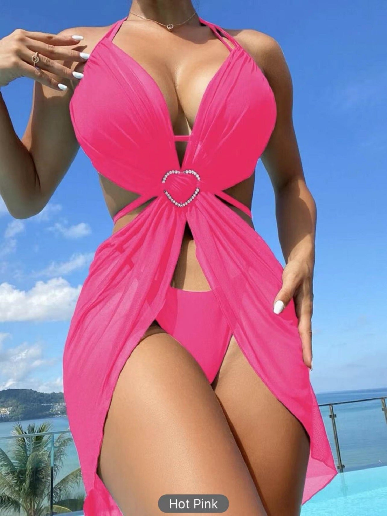 3Pcs Halter Neck Bikini Set | Solid Color Split Swimsuit