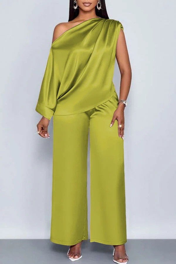Satin Slanted Collar Short-Sleeve Top & Trousers Set | Light Luxury Summer Suit