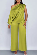 Satin Slanted Collar Short-Sleeve Top & Trousers Set | Light Luxury Summer Suit