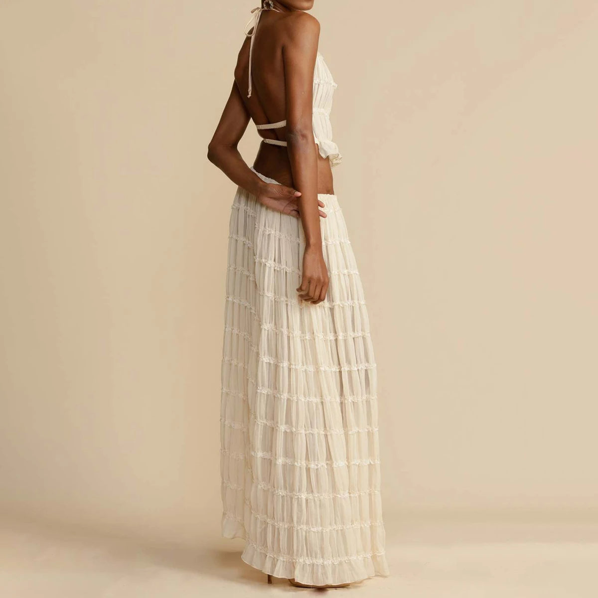 Halter Crop Top & Pleated Maxi Skirt Set | Backless Beach Two-Piece