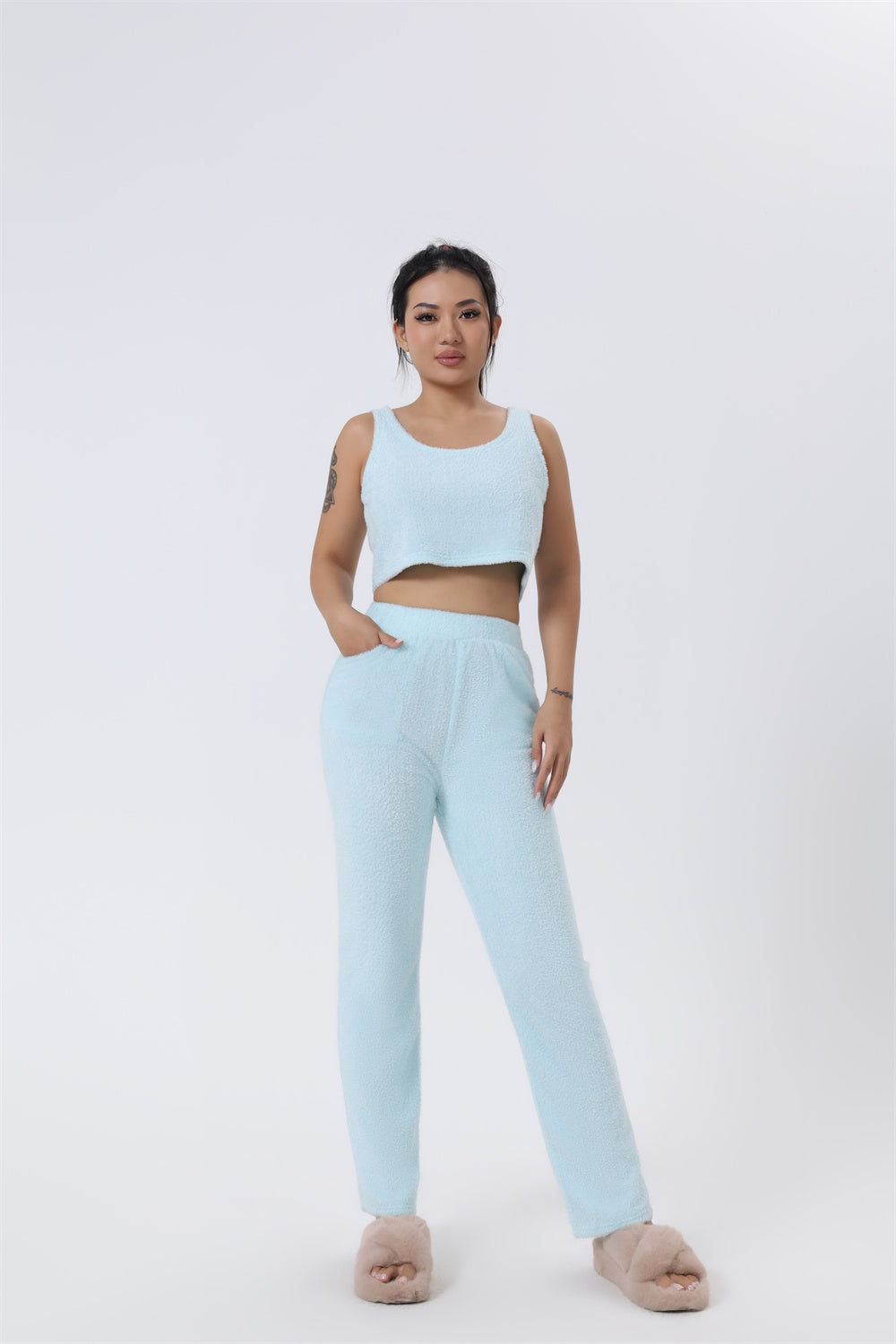 3-Piece Knit Lounge Set | Crop Top, Wide-Leg Pants & Cardigan