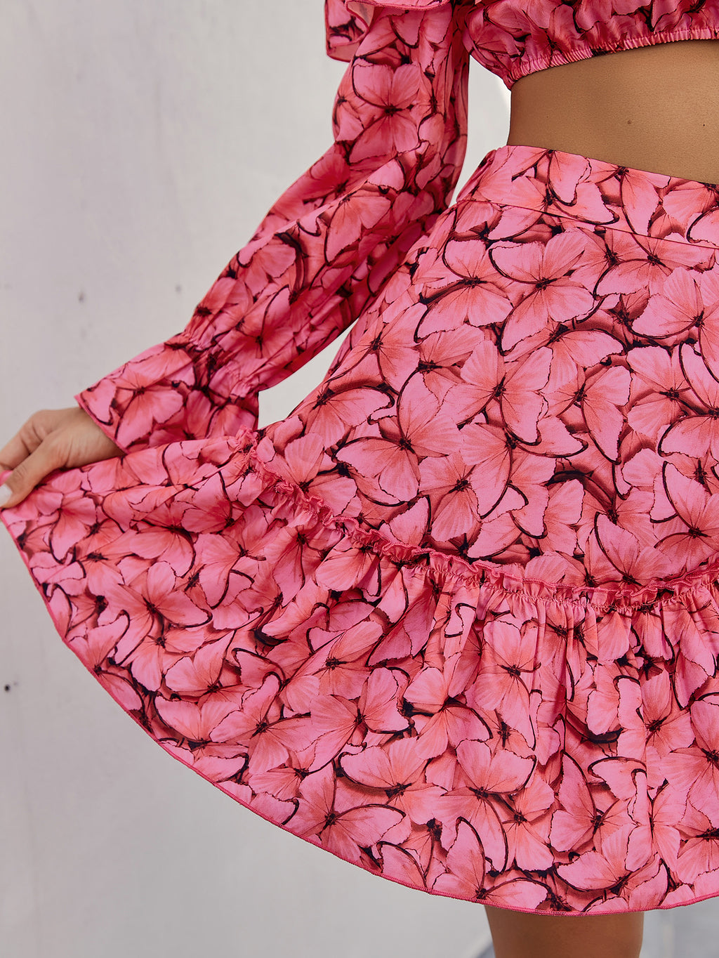 Casual Print One Shoulder Long Sleeve Dress Suit-Rose Red