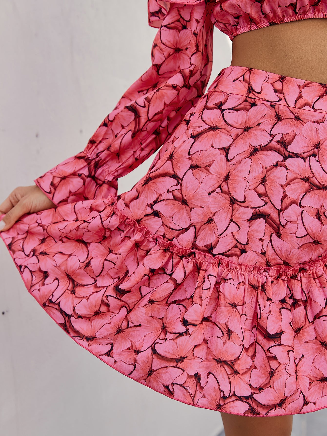 Casual Print One Shoulder Long Sleeve Dress Suit-Rose Red