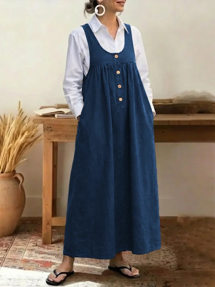 Loose Overalls Dress – Casual U-Neck Button Pocket Dress