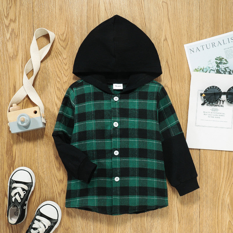 Boys Hooded Plaid Shirt Jacket | Single-Breasted Long Sleeve Kids Outerwear