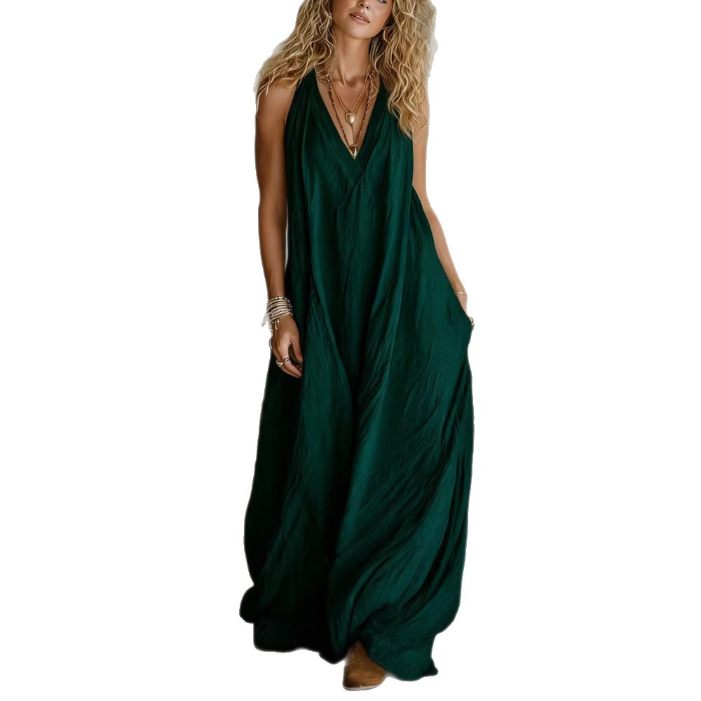 Casual Sleeveless V-neck Long Dress | Relaxed Fit with Front Pockets