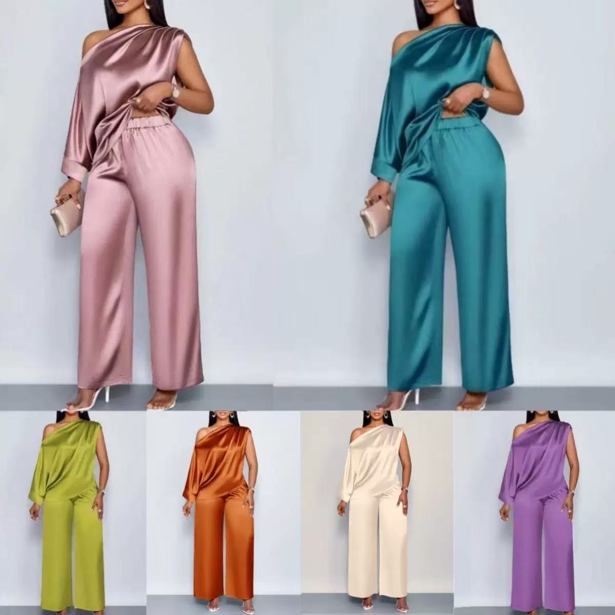Satin Slanted Collar Short-Sleeve Top & Trousers Set | Light Luxury Summer Suit