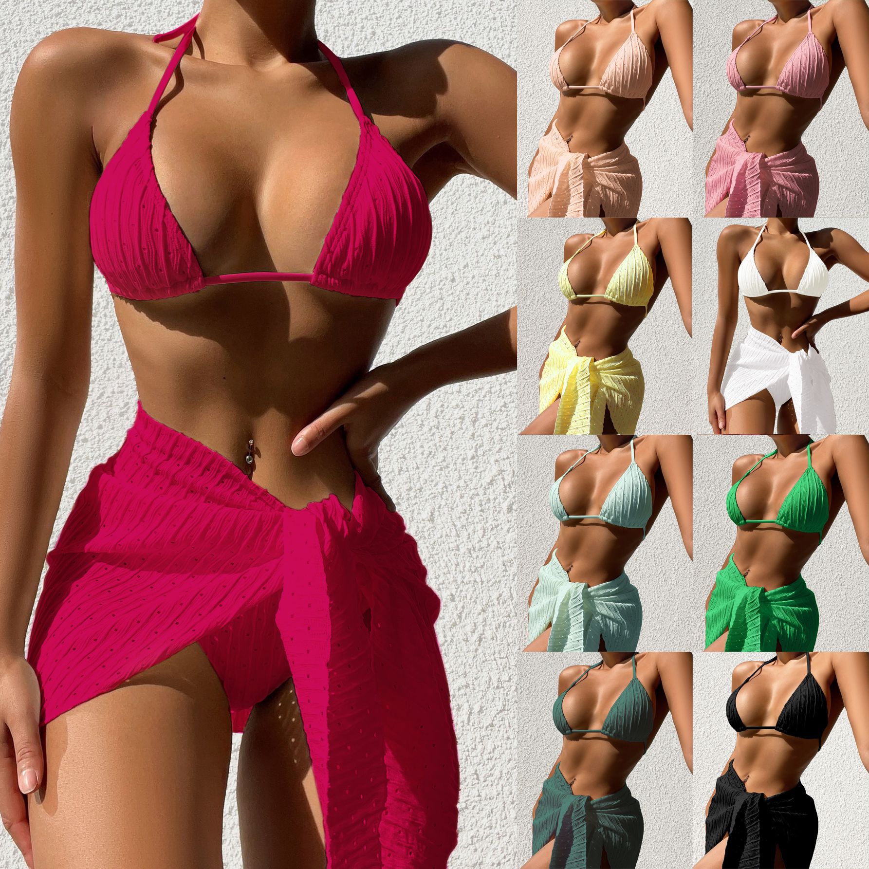 3Pcs Halterneck Bikini Set with Mesh Skirt | Sexy Backless Swimsuit