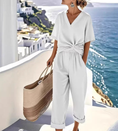 Solid Color Irregular Pleated Top & Pants Set | Women's V-neck Office Two-Piece