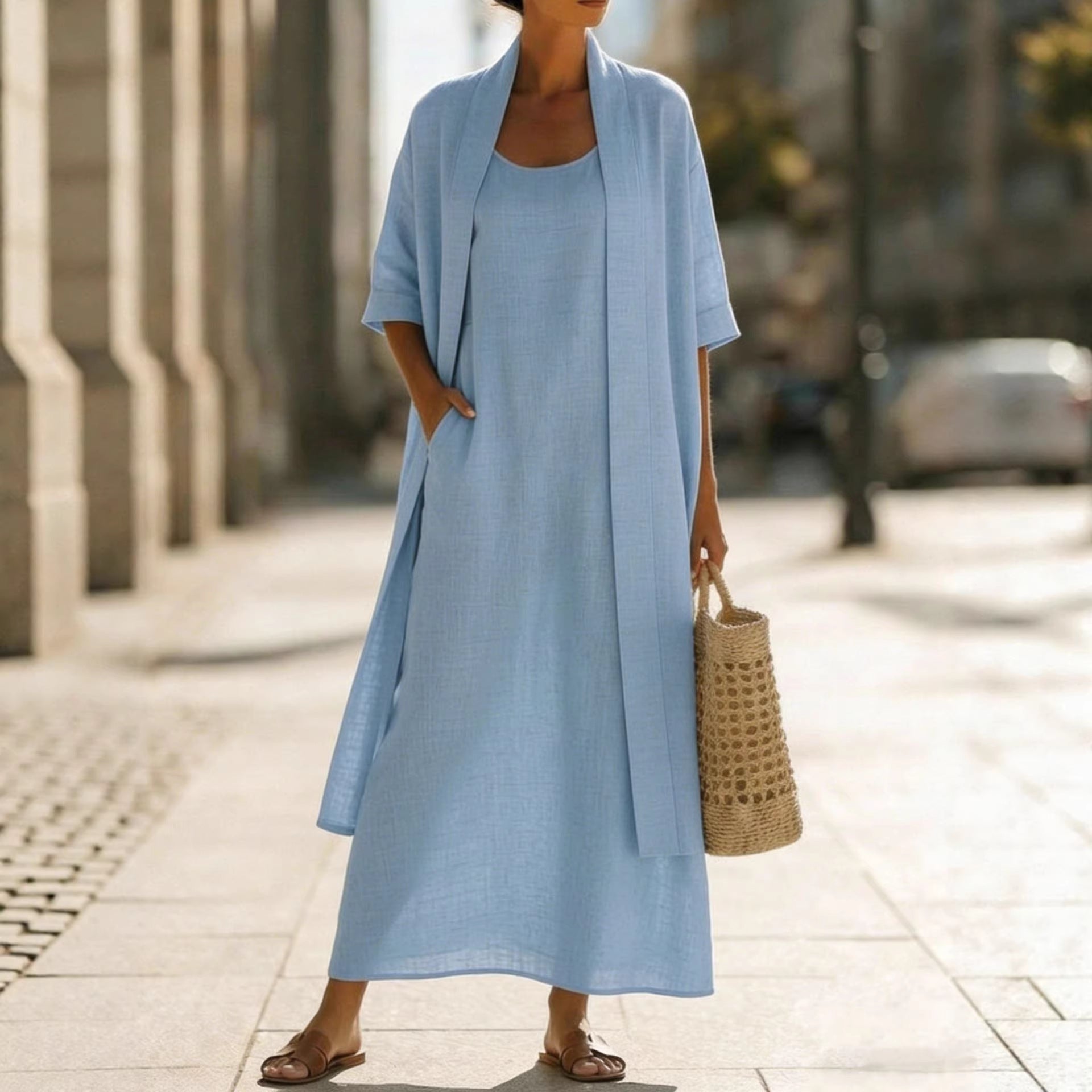 Cotton-Linen Two-Piece Dress Set | Loose Fit Cardigan & Long Skirt
