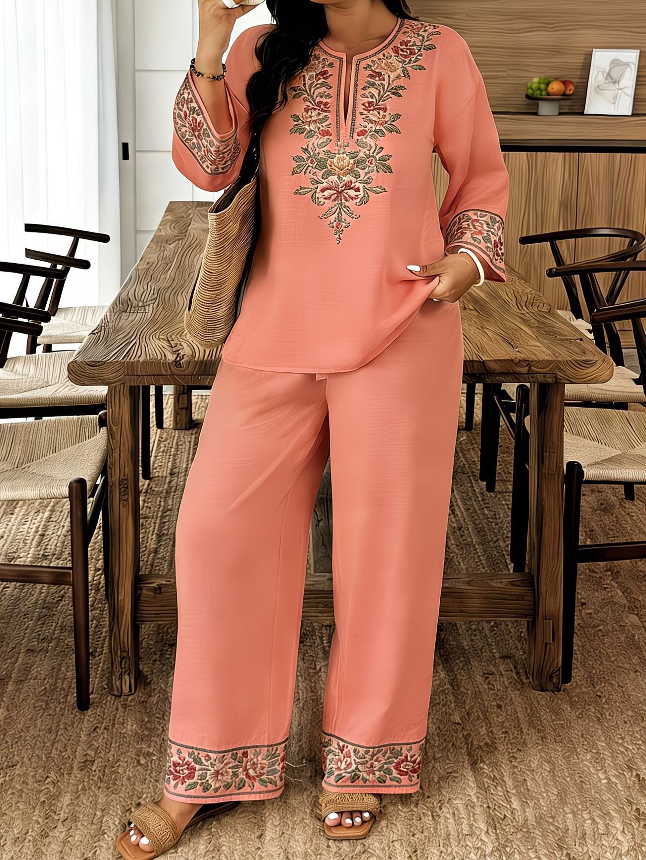 Long-Sleeve Lace Floral Bohemian Set | Ethnic-Style Top & Cropped Pants