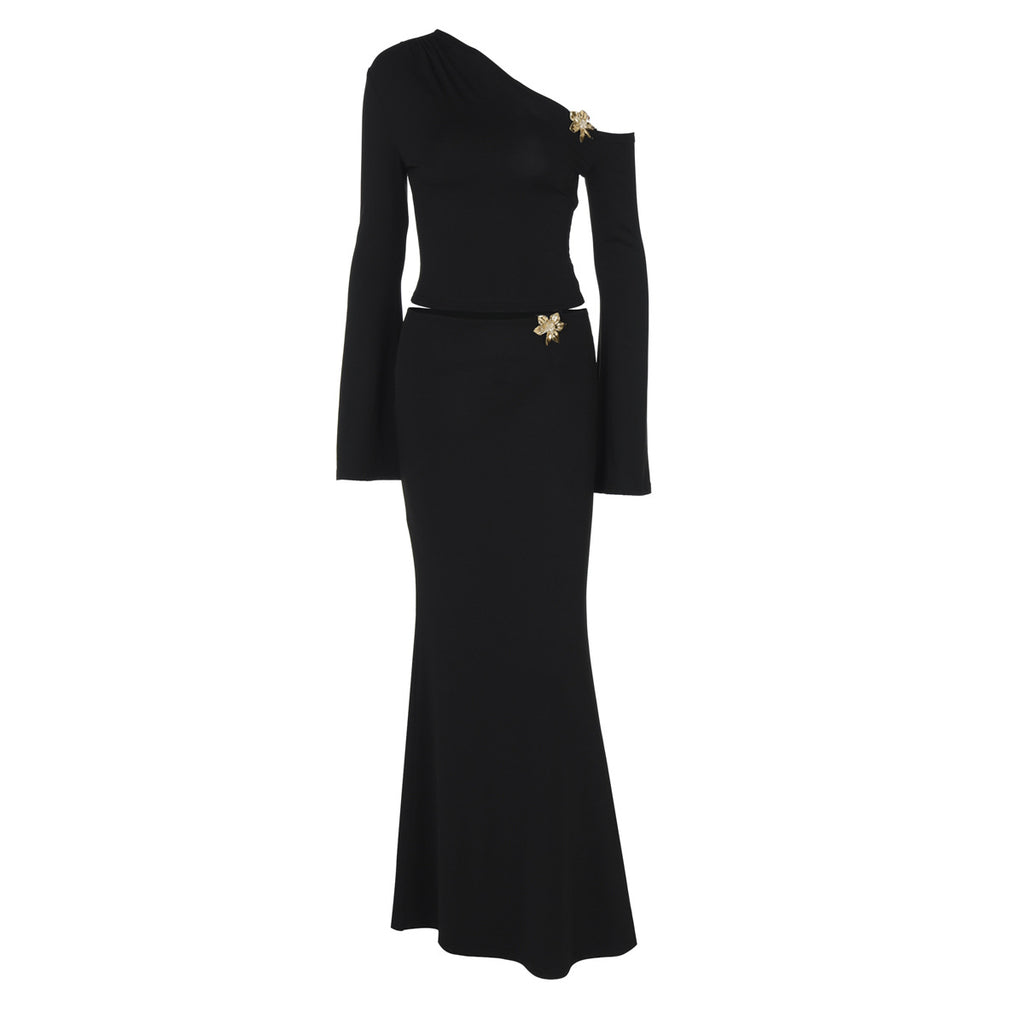 Oblique Shoulder Bell Sleeve Top & High Waist Maxi Skirt Set