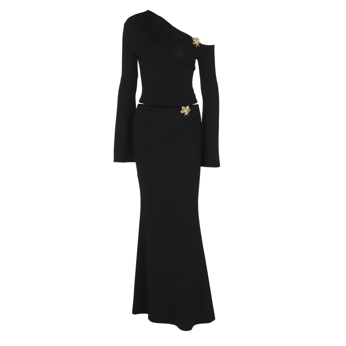 Oblique Shoulder Bell Sleeve Top & High Waist Maxi Skirt Set