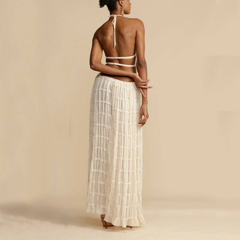 Halter Crop Top & Pleated Maxi Skirt Set | Backless Beach Two-Piece