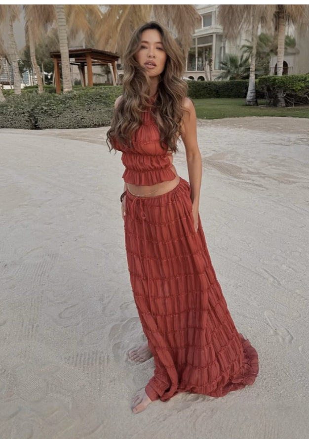 Halter Crop Top & Pleated Maxi Skirt Set | Backless Beach Two-Piece