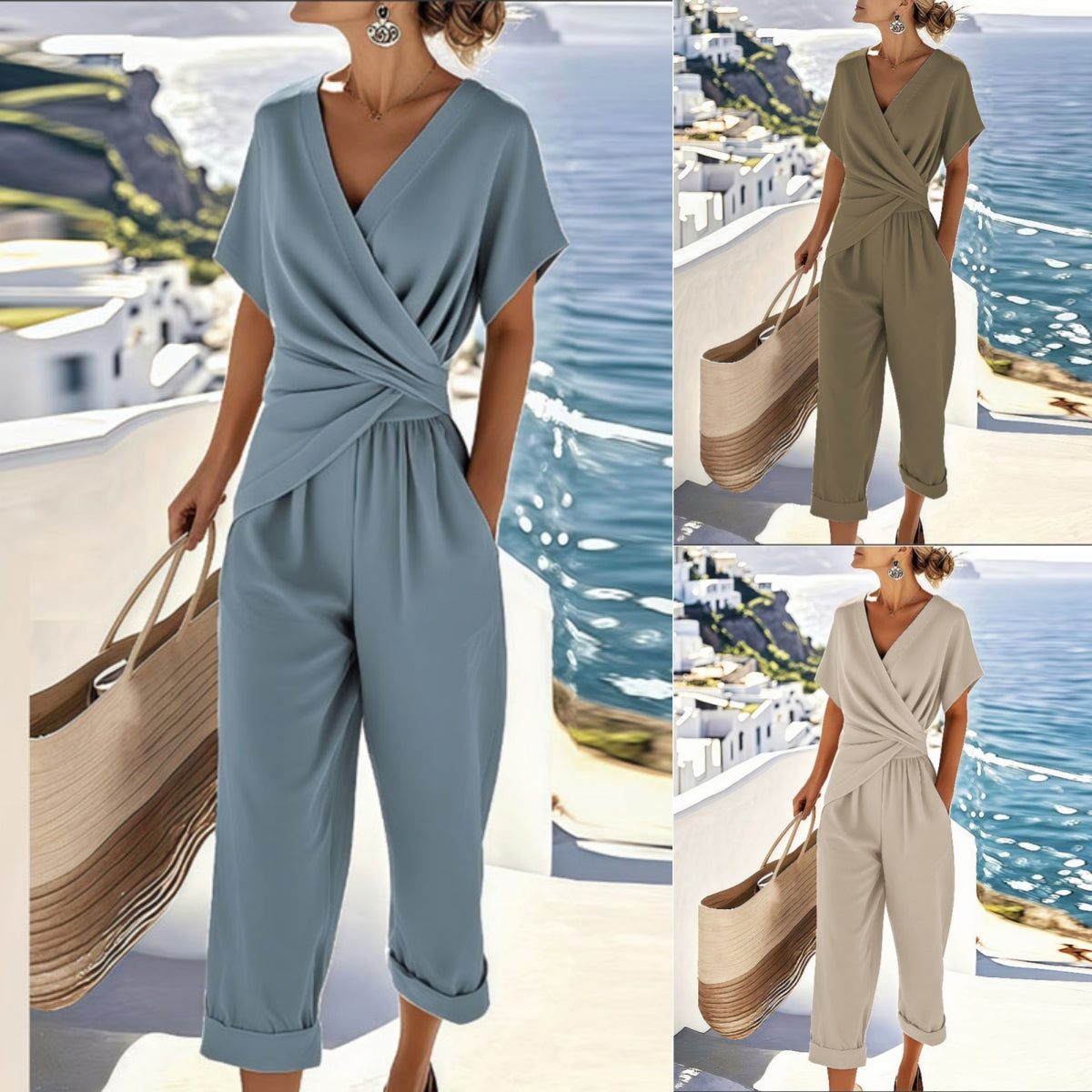 Solid Color Irregular Pleated Top & Pants Set | Women's V-neck Office Two-Piece