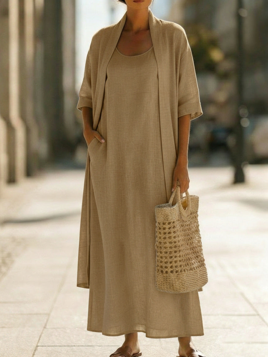 Cotton-Linen Two-Piece Dress Set | Loose Fit Cardigan & Long Skirt