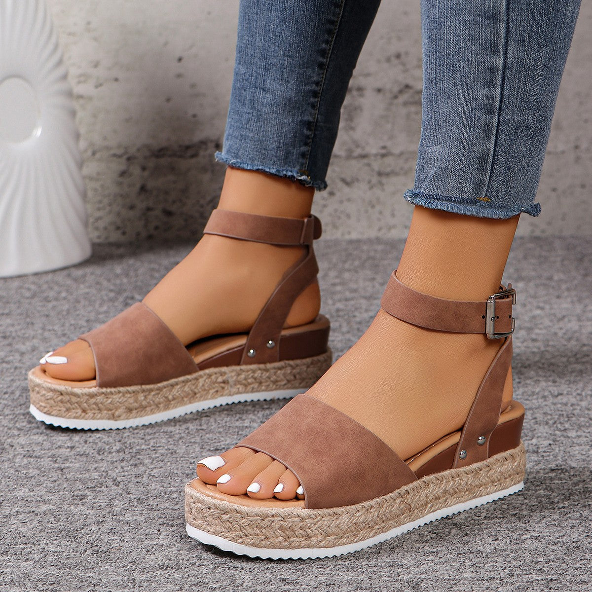 Women's Hemp Rope Wedge Peep Toe Sandals | Natural Boho Platform Heels