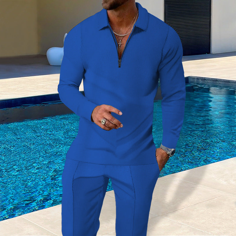 Men's Waffle-Texture Zip Lapel Top & Long Pants Suit | All-Season Casual Set