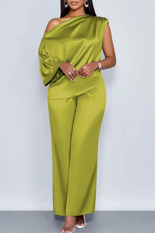 Satin Slanted Collar Short-Sleeve Top & Trousers Set | Light Luxury Summer Suit