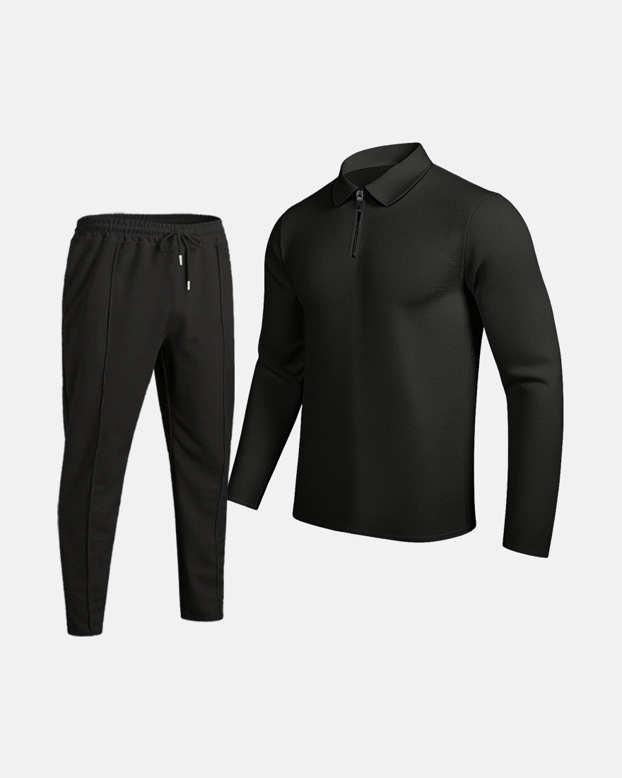 Men's Waffle-Texture Zip Lapel Top & Long Pants Suit | All-Season Casual Set