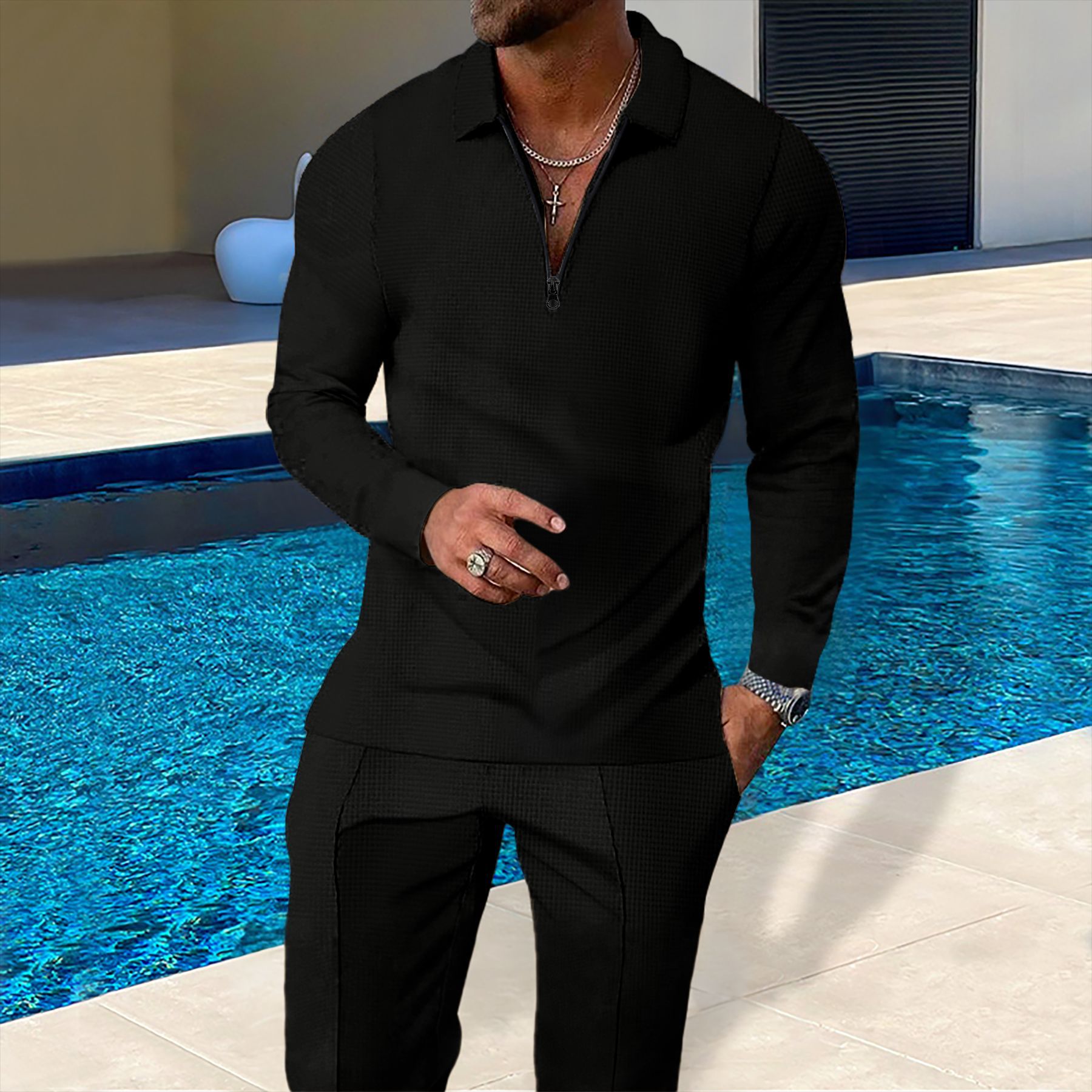 Men's Waffle-Texture Zip Lapel Top & Long Pants Suit | All-Season Casual Set
