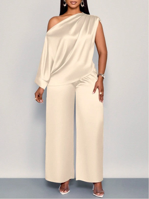 Satin Slanted Collar Short-Sleeve Top & Trousers Set | Light Luxury Summer Suit