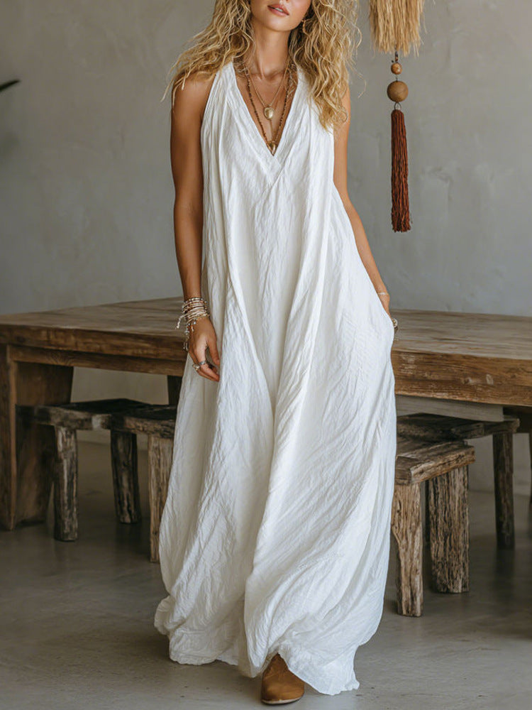 Casual Sleeveless V-neck Long Dress | Relaxed Fit with Front Pockets