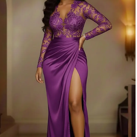 V Neck Long Sleeve Lace Patchwork Slit Party Maxi Dress – Purple