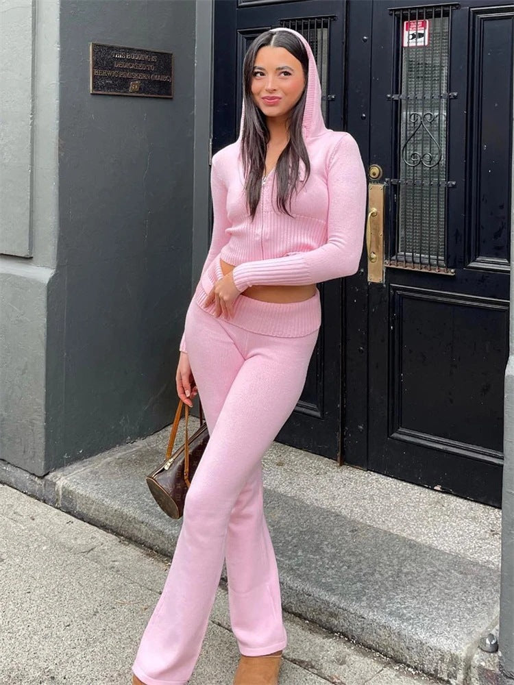 Women's Knitted Hooded High-Waist Trousers Two-Piece Set | Cozy Solid Color Suit