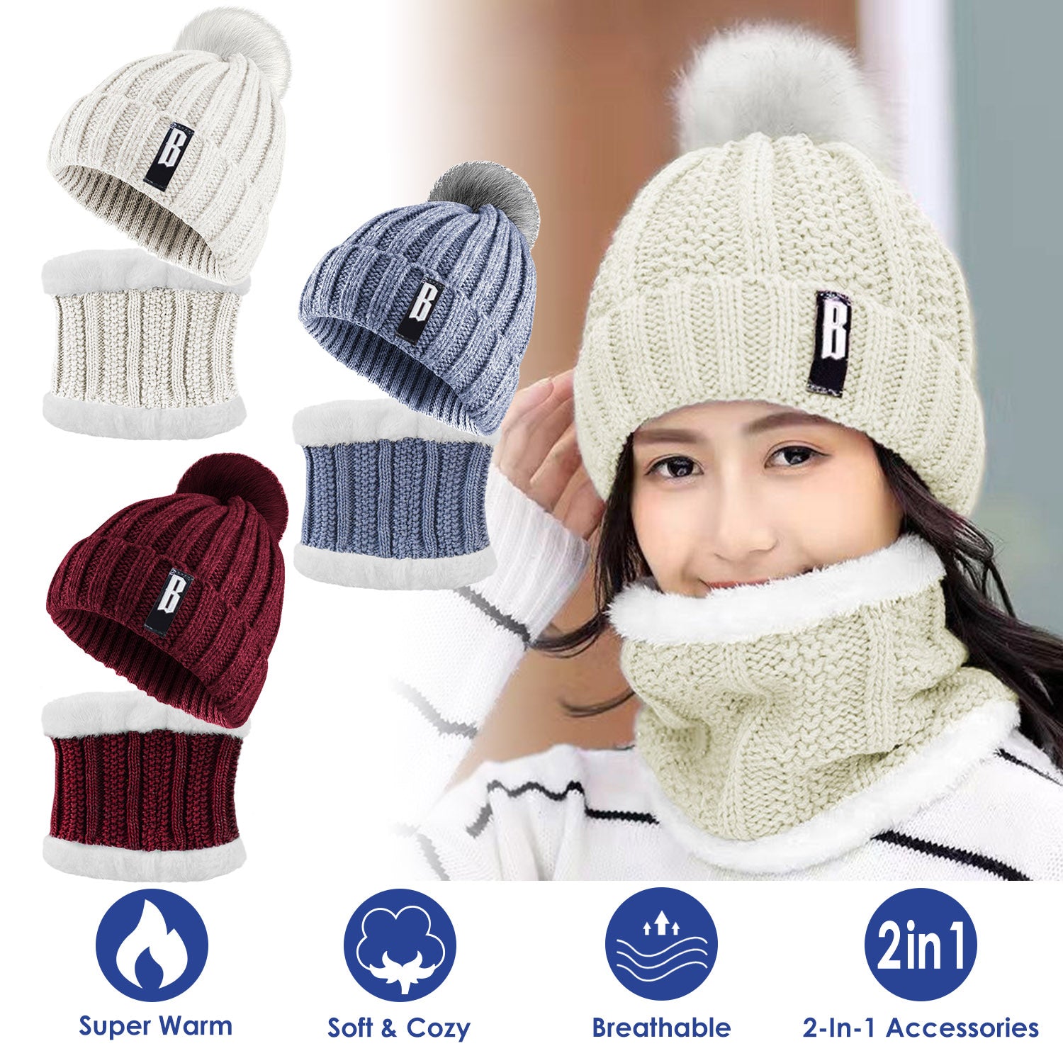 Winter Beanie & Scarf Set – Warm Knit Hat & Neck Warmer for Women