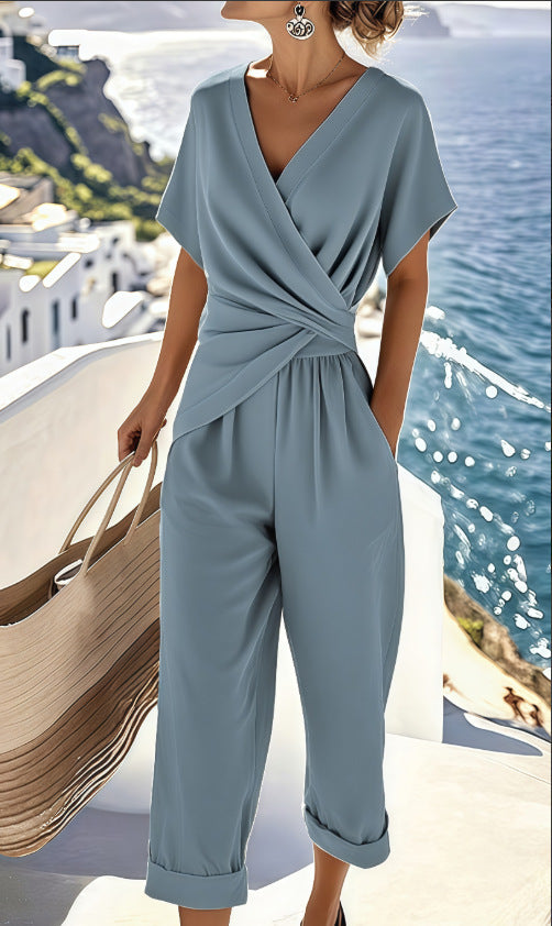 Solid Color Irregular Pleated Top & Pants Set | Women's V-neck Office Two-Piece