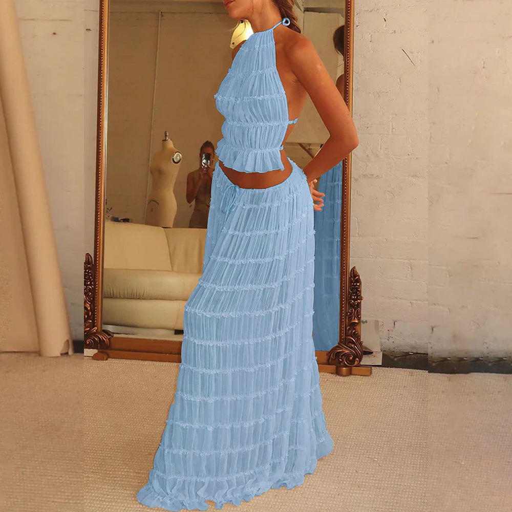 Halter Crop Top & Pleated Maxi Skirt Set | Backless Beach Two-Piece
