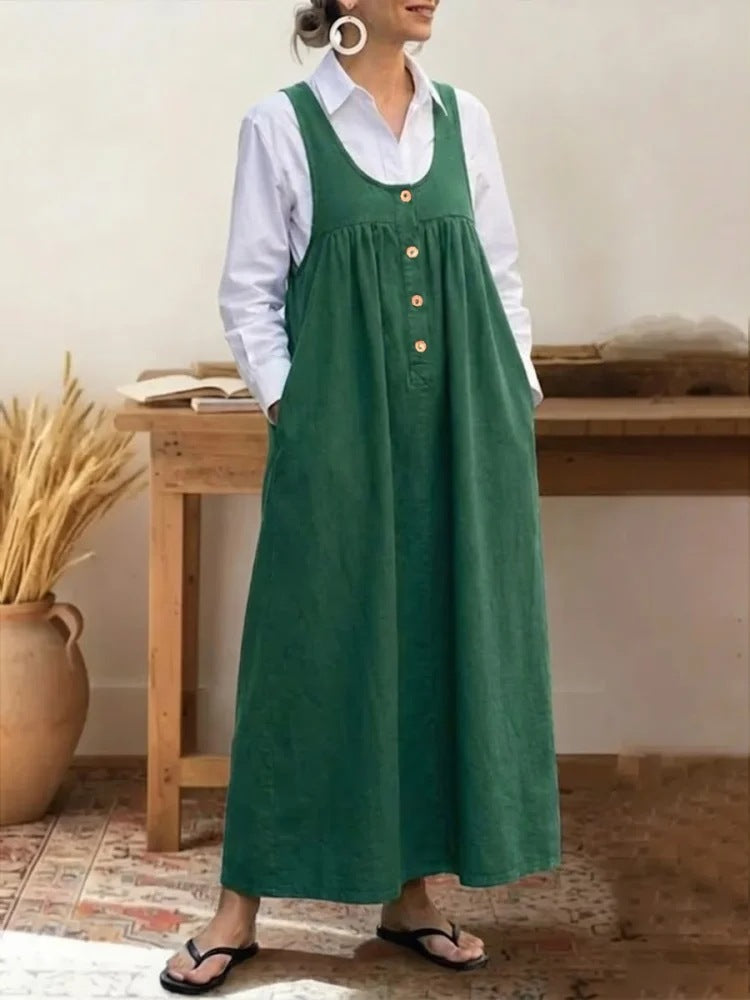 Loose Overalls Dress – Casual U-Neck Button Pocket Dress