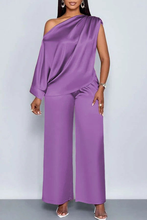 Satin Slanted Collar Short-Sleeve Top & Trousers Set | Light Luxury Summer Suit