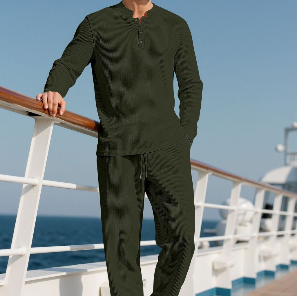 Men's Solid-Color Button-Down Long-Sleeve Shirt & Pants Set | Crew-Neck Casual Outfit