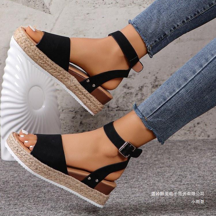 Women's Hemp Rope Wedge Peep Toe Sandals | Natural Boho Platform Heels