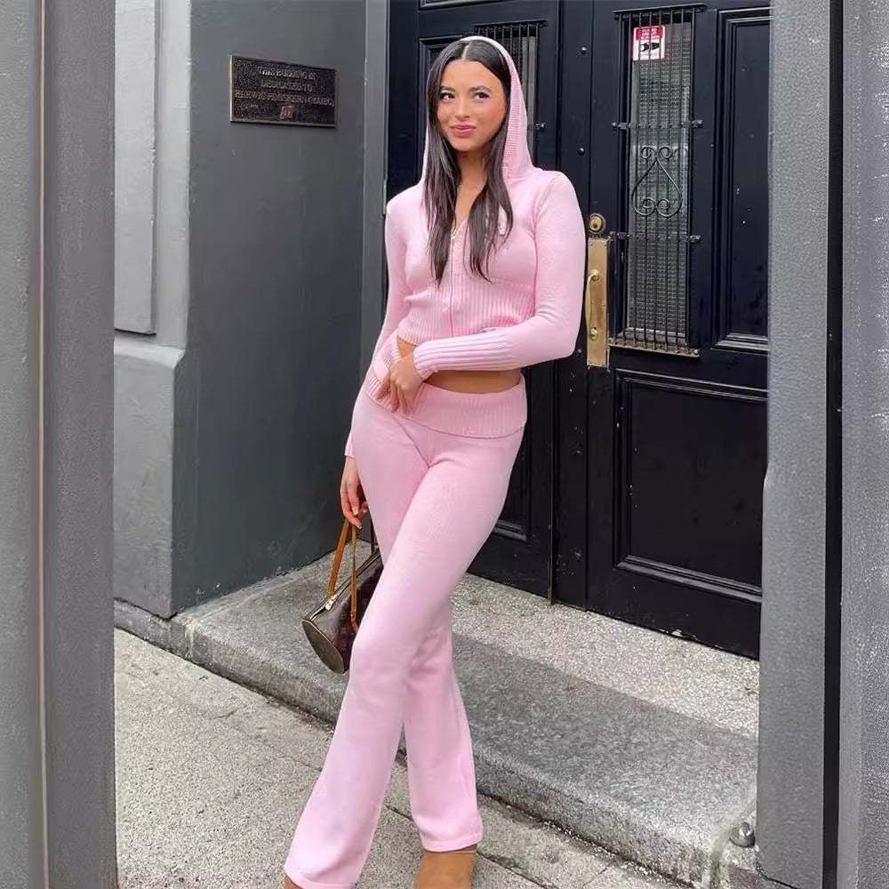 Women's Knitted Hooded High-Waist Trousers Two-Piece Set | Cozy Solid Color Suit