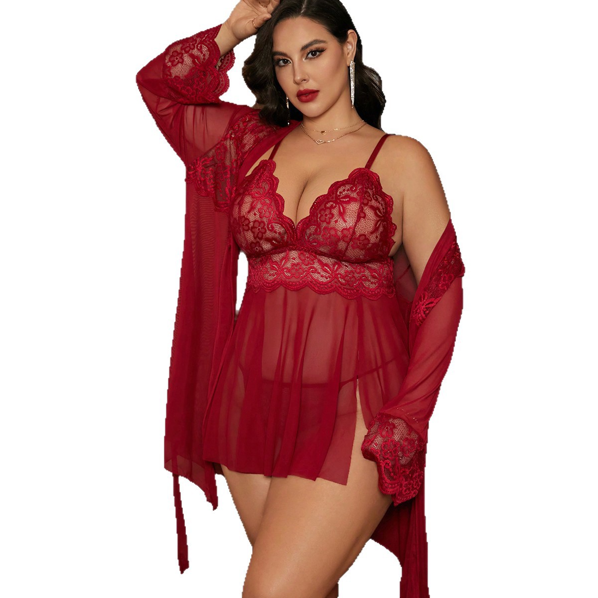 Lace & Satin-Trimmed Mesh Nightgown & Robe Set | Luxe Sleepwear