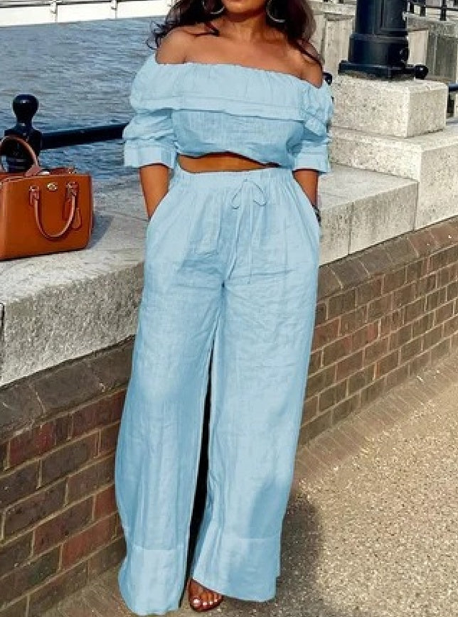 Fashionable Slim-Fit Top & Wide-Leg Pants Set | Casual Two-Piece