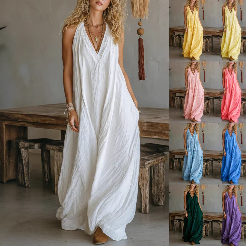Casual Sleeveless V-neck Long Dress | Relaxed Fit with Front Pockets