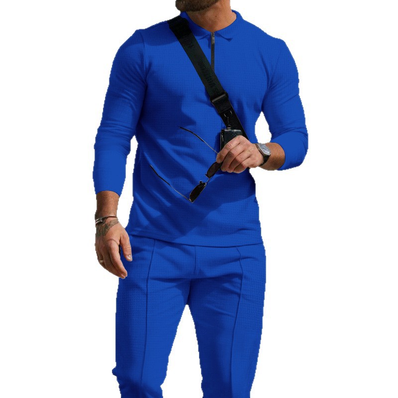 Men's Waffle-Texture Zip Lapel Top & Long Pants Suit | All-Season Casual Set