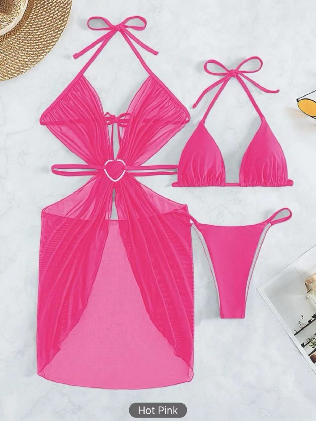 3Pcs Halter Neck Bikini Set | Solid Color Split Swimsuit
