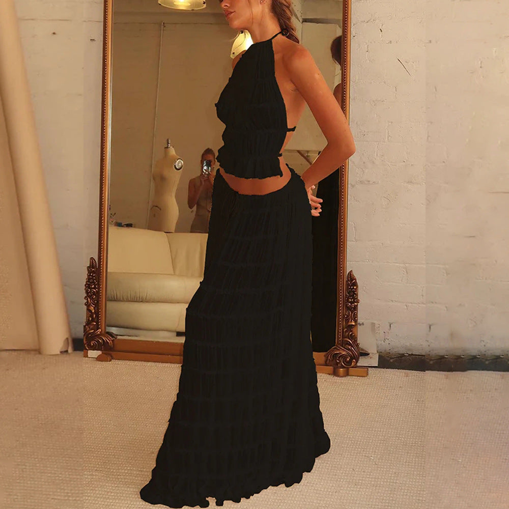 Halter Crop Top & Pleated Maxi Skirt Set | Backless Beach Two-Piece