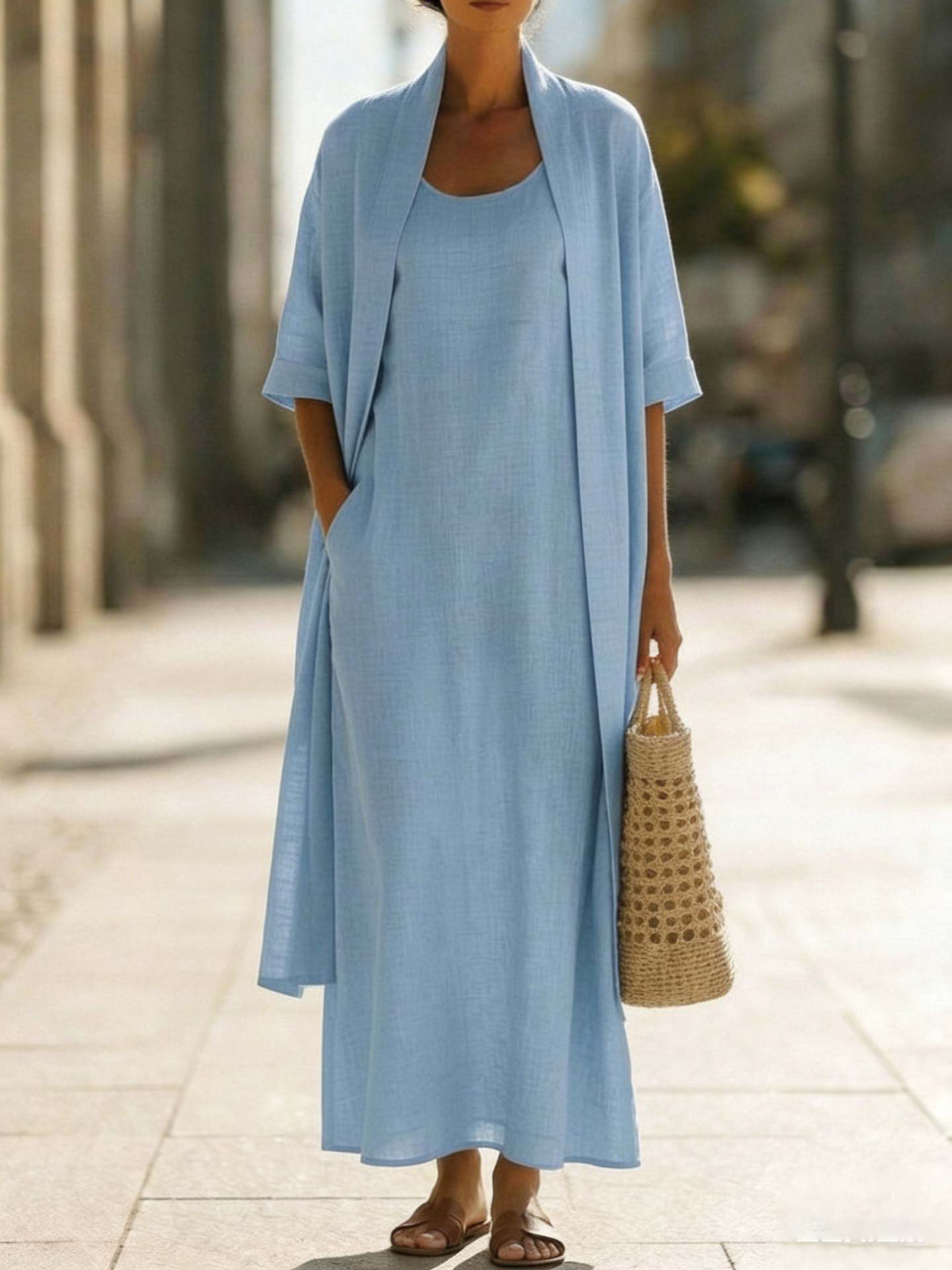 Cotton-Linen Two-Piece Dress Set | Loose Fit Cardigan & Long Skirt