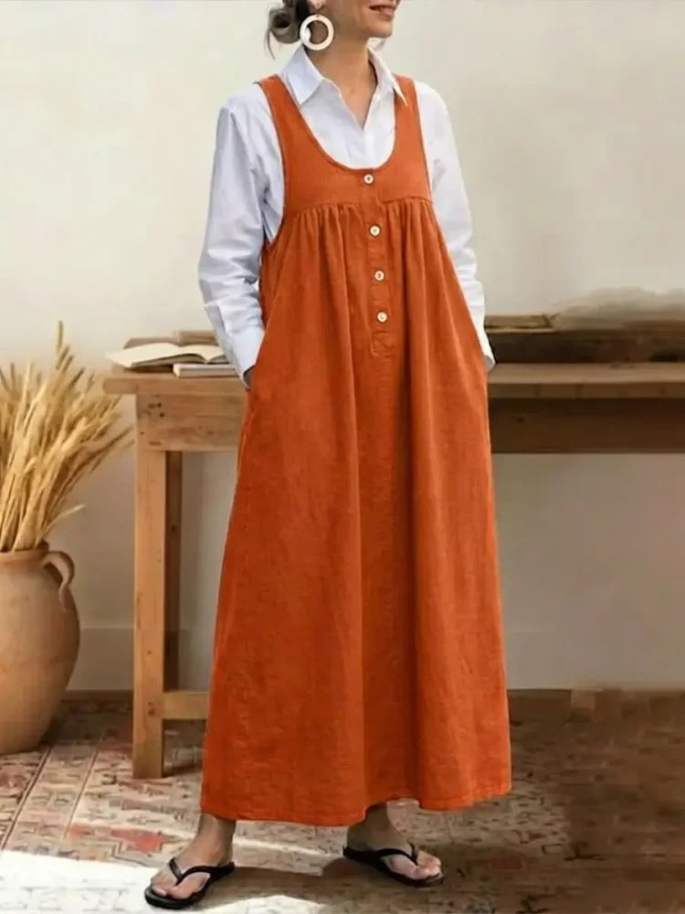 Loose Overalls Dress – Casual U-Neck Button Pocket Dress