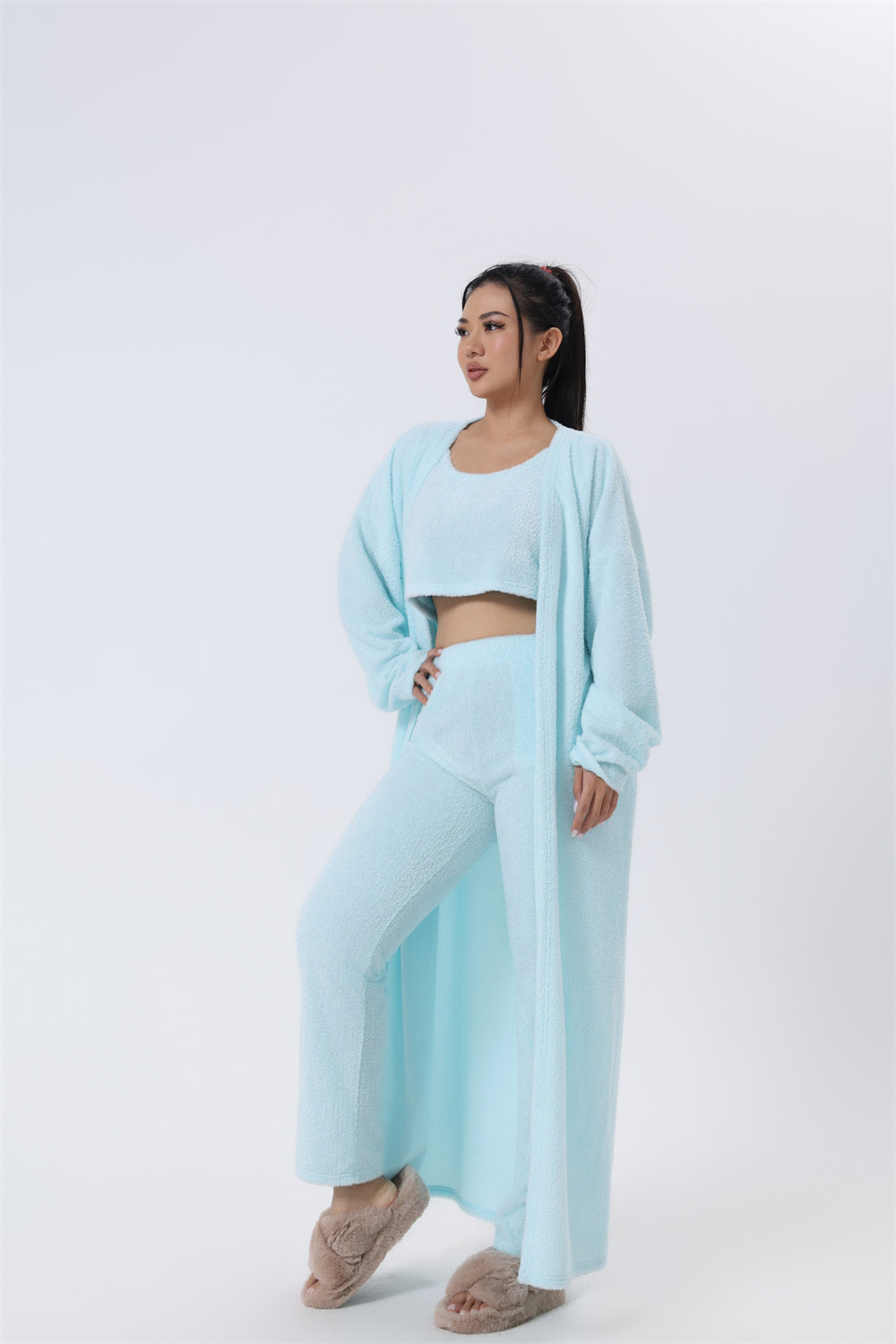 3-Piece Knit Lounge Set | Crop Top, Wide-Leg Pants & Cardigan