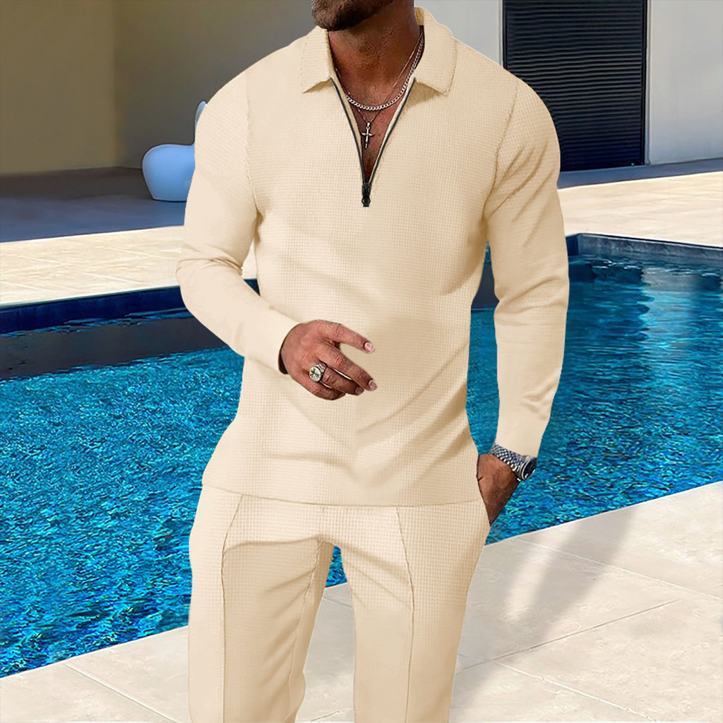 Men's Waffle-Texture Zip Lapel Top & Long Pants Suit | All-Season Casual Set